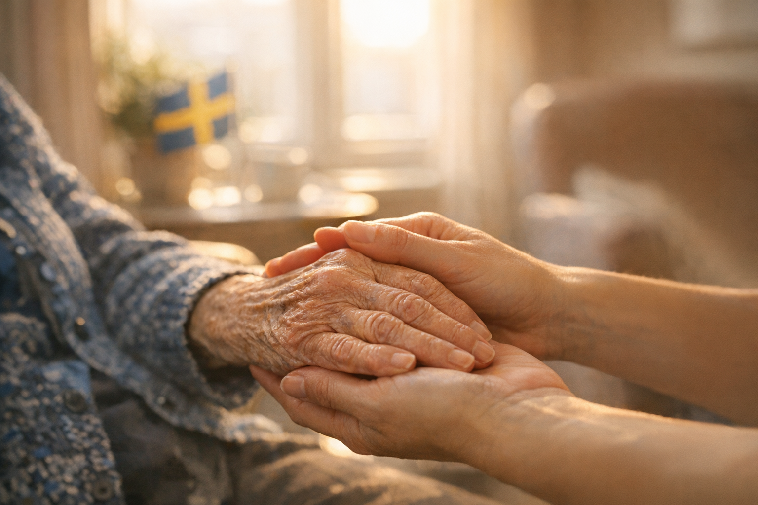 Äldre kvinnas hand hålls varsamt av en vårdares hand i ett svenskt äldreboende