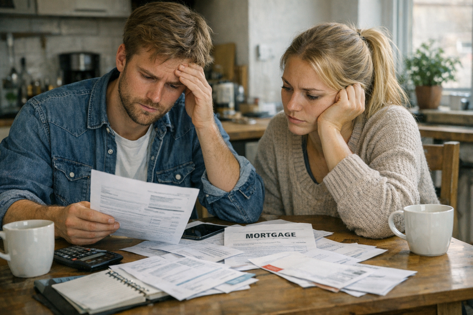 Ungt par vid köksbordet omgiven av räkningar och bolånepapper