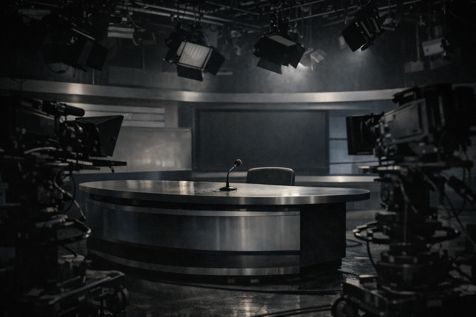 Tomt tv-studio med nedtonade lampor och tom nyhetsankardisk